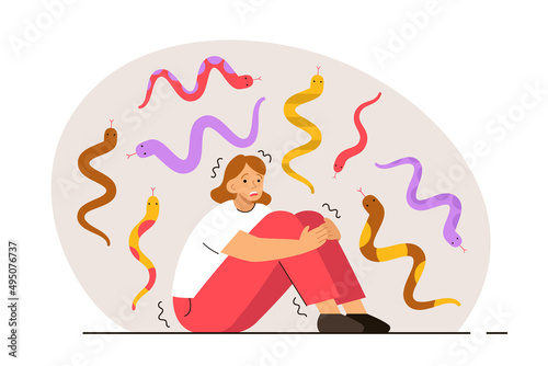 Scared woman surrounded by snakes. Person with ophidophobia. Phobia, psychological problem, anxiety and mental health concept. Modern flat vector illustration