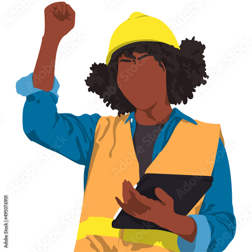 African-American female warehouse worker raised her fist. Engineer woman wearing a safety helmet and vest holding tablet and take note. Vector flat style illustration isolated on white