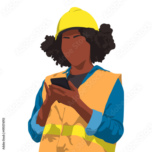 African-American female warehouse worker. Engineer woman wearing a safety helmet and vest holding mobile phone and take note. Vector flat style illustration isolated on white