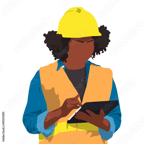 African-American female warehouse worker. Engineer woman wearing a safety helmet and vest holding tablet and take note. Vector flat style illustration isolated on white