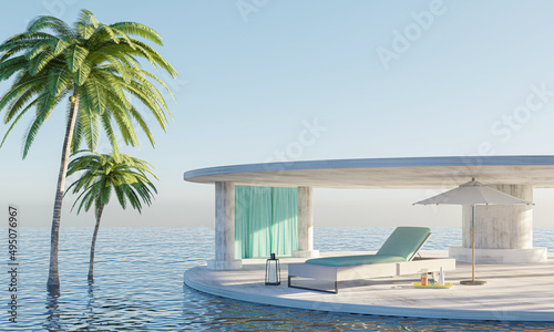 3D rendering of accommodation with sundeck on sea view for vacation.