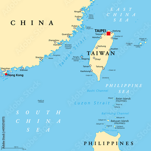 Taiwan Area, political map with capital Taipei. Free Area of the Republic of China (ROC). Provinces and islands groups of Taiwan, located between the East and the South China Sea. Illustration. Vector photo
