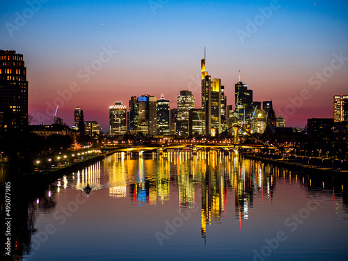 Skyline at sunset, Deutschherrenbrücke, Frankfurt, Hesse, Germany