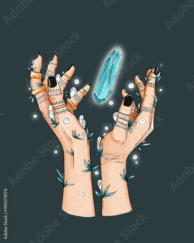 Pagan Witchcraft collection Female witch mystical hands with tatooes, rings, herbs and plants. Female magical hands with white spirits and white fireflights., voodoo and magical rituals concept