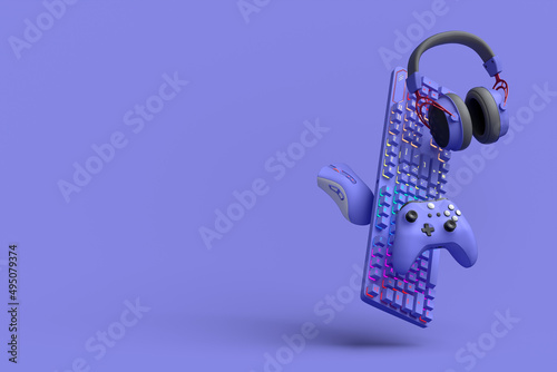 фотографія Flying gamer gears like mouse, keyboard, joystick, headset, VR