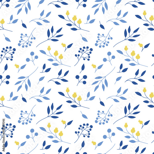 Seamless pattern with colorful plants. Background in yellow and blue colors with leaves, berries. Vector illustration. © Anna
