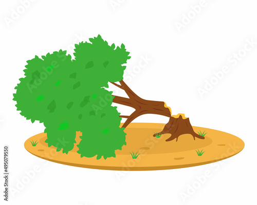 a tree felled by the hurricane blocks the road. flat vector illustration.