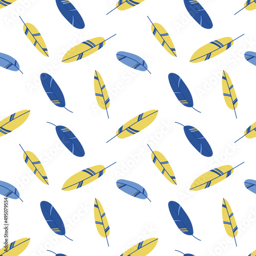 Seamless vector pattern with colorful feathers. Background in yellow and blue colors. 