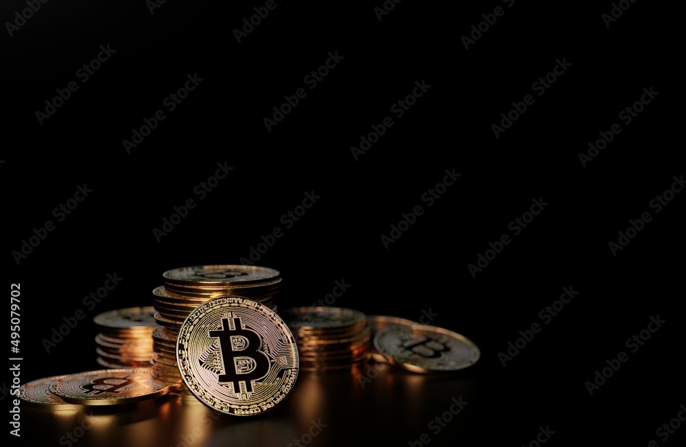 Closeup of golden bitcoin BTC and DOGE cryptocurrency with dark black background. crypto coins 3d illustration. 3D rendering.