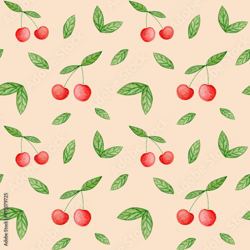 Seamless of cherry fruit with leaves watercolor illustration. Cute cartoon fruit pattern, flat design for fashion print.