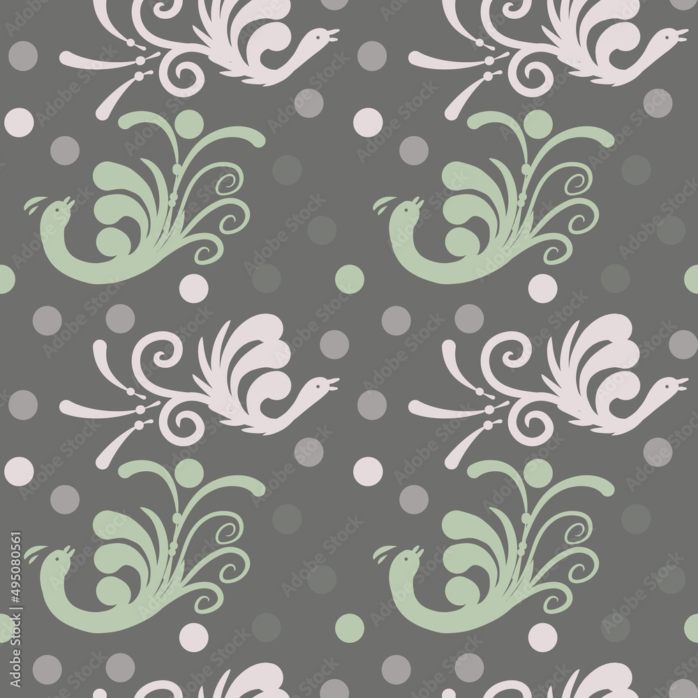 seamless pattern with fancy birds in folk style, hand-drawn on a brown background, not a bright background with folk embroidery style, curls and polka dots