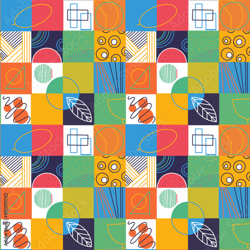 seamless pattern bright stylish ornament with abstract decorative motifs on a grid, mesh chess ornament, background for design