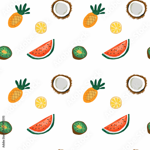 Fototapeta Naklejka Na Ścianę i Meble -  seamless pattern with tropical fruits, lemon, pineapple, kiwi, watermelon and coconut, bright fruit summer background, hand-drawn