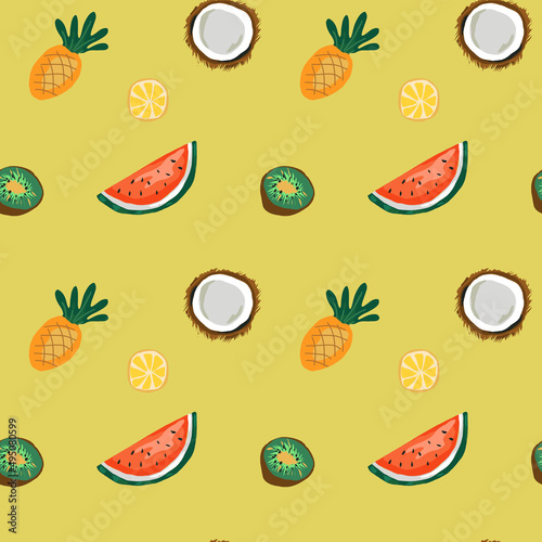 seamless pattern with tropical fruits, lemon, pineapple, kiwi, watermelon and coconut, bright fruit summer background, hand-drawn