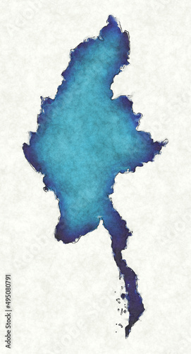 Myanmar map with drawn lines and blue watercolor illustration