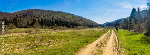 a hikers group in the carpathian mountains, national park Skolivski beskidy, Ukraine photo