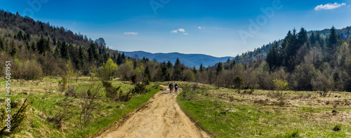 a hikers group in the carpathian mountains, national park Skolivski beskidy, Ukraine photo