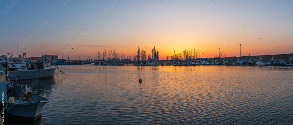 Beautiful sunrise in the fishing port of Sète, in spring, in Occitanie, France