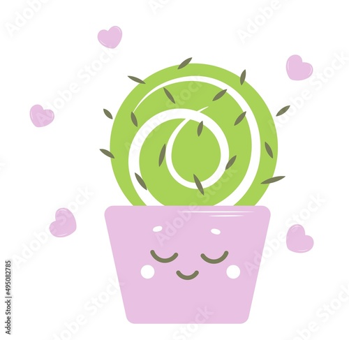 Cute modest cactus with hearts in a pink pot. Positive vector illustration in cartoon style about love. Poster, print, sticker, greeting card, banner, web flat style close up.