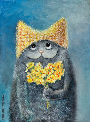 Oil paintings landscape, a cat in a hat holds a bouquet of flowers in his hands.