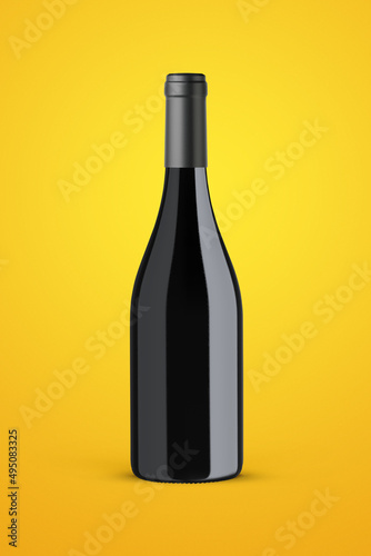 A red wine bottle isolated on a yellow background for mockup presentation projects.