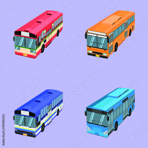thai bus difference type, color bird eye view. vector illustration eps10.