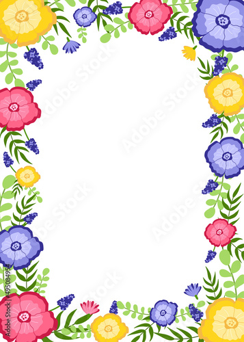 Border of different colorful flowers hand drawn style vector floral illustration isolated on white background. Backdrop for wallpaper, textile, fabric, wrapping