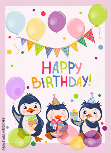 Children s cute vector birthday card with three drawn penguins with balloons, pipe and gifts, wearing funny hats and handwritten wishes.