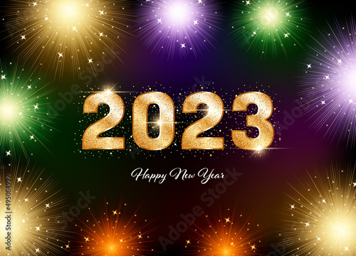 2023 New Year card template with golden glittering numbers and multicolored fireworks on black background