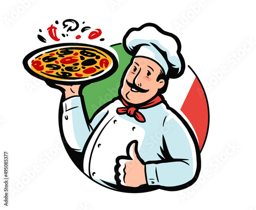 Funny cartoon illustration Italian chef holding delicious pizza. Restaurant, pizzeria emblem vector illustration
