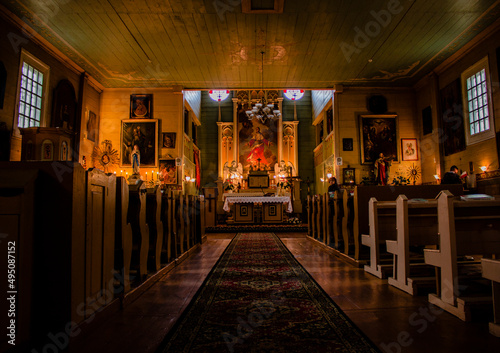 Catholic church in Pavoverė Lithuania interior altar wooden chapel Pavoverės Šv. Kazimiero bažnyčia small old inside catholic religion saint 