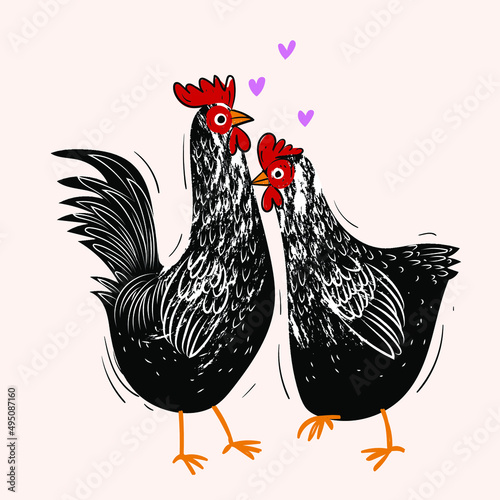 Chicken, rooster, hen cartoon drawing vector illustration.