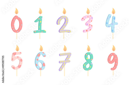 Wax candle numbers 0 to 9 for birthday decoration, birthday ornament decoration on white background, flat design of pastel birthday wax candle number vector, glowing fire candlelight for party cake.