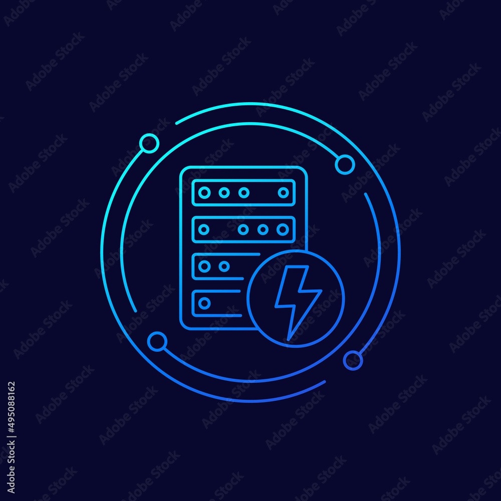 Server electricity warning, electric power icon, linear design Server electricity warning, electric power icon, linear design