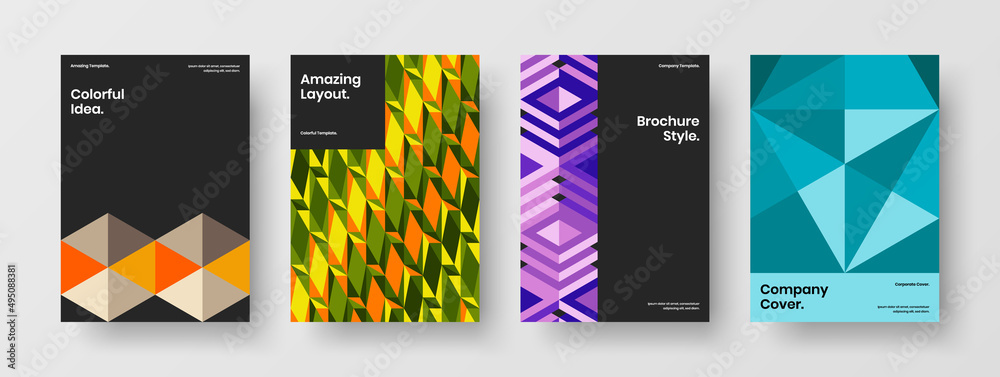 Fresh handbill A4 vector design template collection. Multicolored geometric shapes book cover layout set.