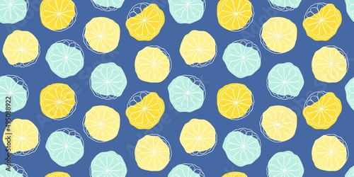 Tropical seamless pattern with citrus fruits in hand drawn style. Lemon and orange slices print for clothes, linens, curtains, wallpapers, cards or wrapping paper. Exotic background. Vector template