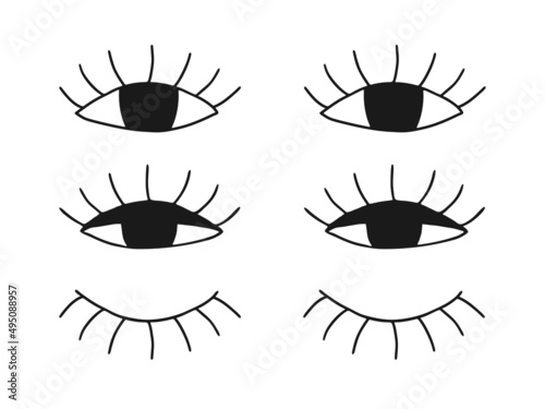 Doodle eyes set. Open and winking eyes symbols isolated on white background. Hand drawn black sketch. Flat vector elements