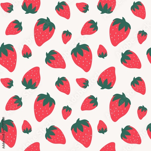 Cute seamless pattern with red ripe strawberries in hand drawn style. Fruit print for clothes, linens, curtains, wallpapers, cards or wrapping paper. Exotic background. Flat vector template