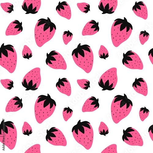 Cute seamless pattern with pink strawberries in hand drawn style. Fruit print for clothes, linens, curtains, wallpapers, cards or wrapping paper. Exotic background. Flat vector template