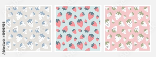 Set of cute seamless patterns with strawberries in hand drawn style. Fruit print for clothes, linens, curtains, wallpapers, cards or wrapping paper. Exotic backgrounds. Flat vector template