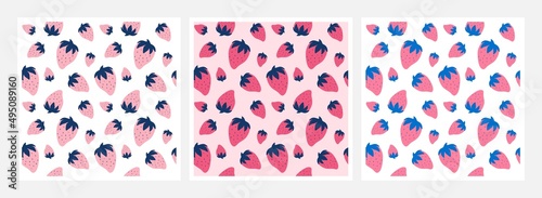 Set of cute seamless patterns with strawberries in hand drawn style. Fruit print for clothes, linens, curtains, wallpapers, cards or wrapping paper. Exotic backgrounds. Flat vector template