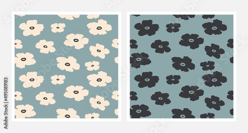 Floral seamless patterns in flat design. Spring and summer texture. Hand drawn patterns with flowers for textiles, banners, wallpapers. Vector elements