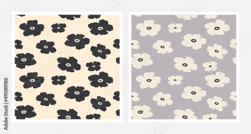 Floral seamless patterns in flat design. Spring and summer texture. Hand drawn patterns with flowers for textiles, banners, wallpapers. Vector elements