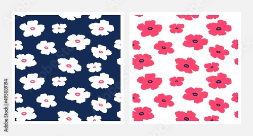 Floral seamless patterns in flat design. Spring and summer texture. Hand drawn patterns with flowers for textiles, banners, wallpapers. Vector elements