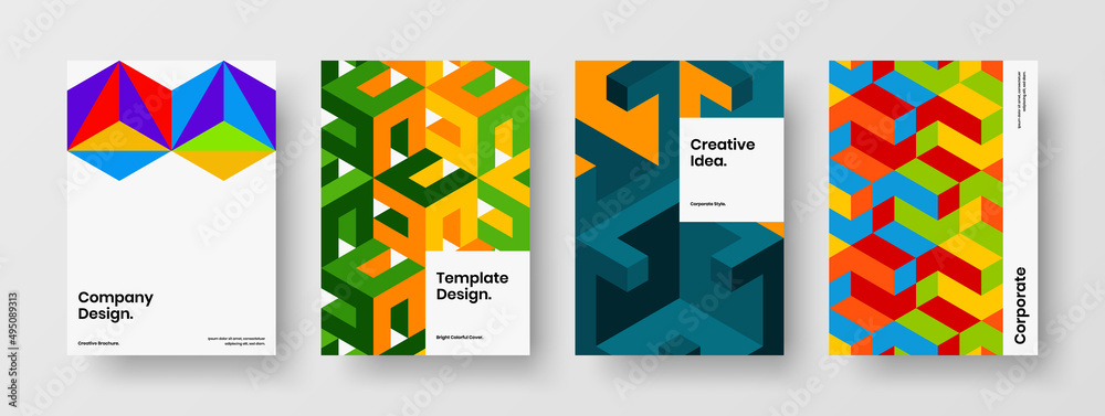 Abstract mosaic shapes booklet illustration composition. Premium front page vector design layout set.
