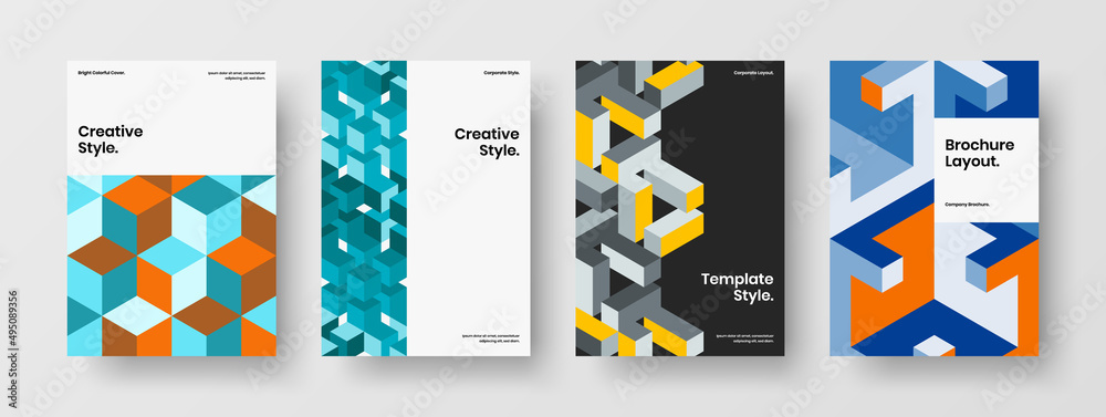 Creative mosaic pattern brochure illustration set. Minimalistic catalog cover design vector layout composition.