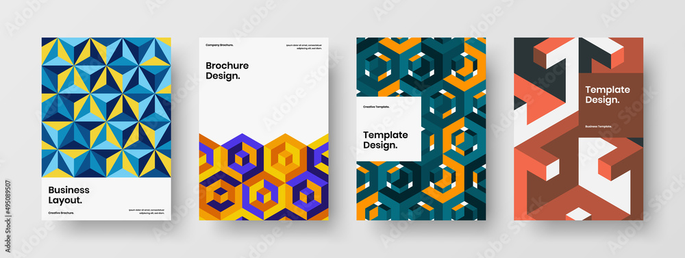 Creative booklet design vector concept set. Trendy geometric shapes annual report illustration composition.