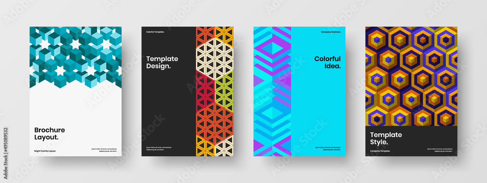 Colorful geometric pattern placard illustration set. Premium catalog cover A4 vector design layout collection.