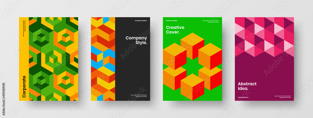 Creative geometric pattern magazine cover illustration bundle. Fresh corporate brochure design vector template set.