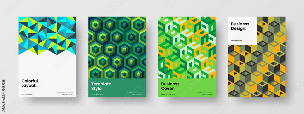 Clean geometric hexagons brochure layout composition. Creative booklet vector design concept set. Clean geometric hexagons brochure layout composition. Creative booklet vector design concept set.